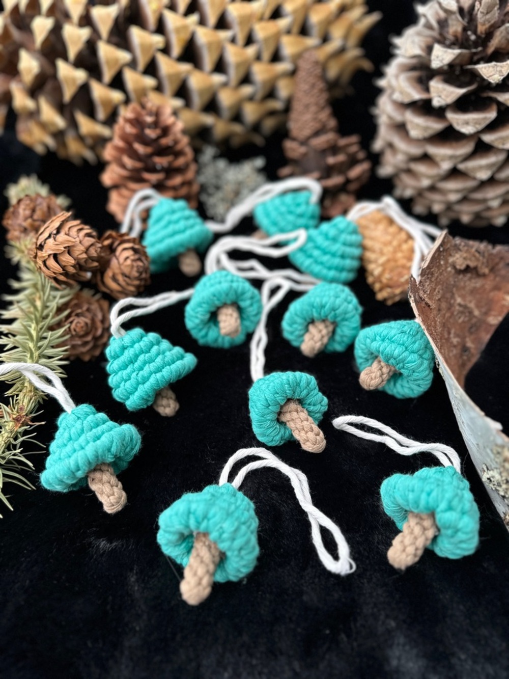 Handmade Teal Macramé Mushroom Ornaments - Set of 12 Charms